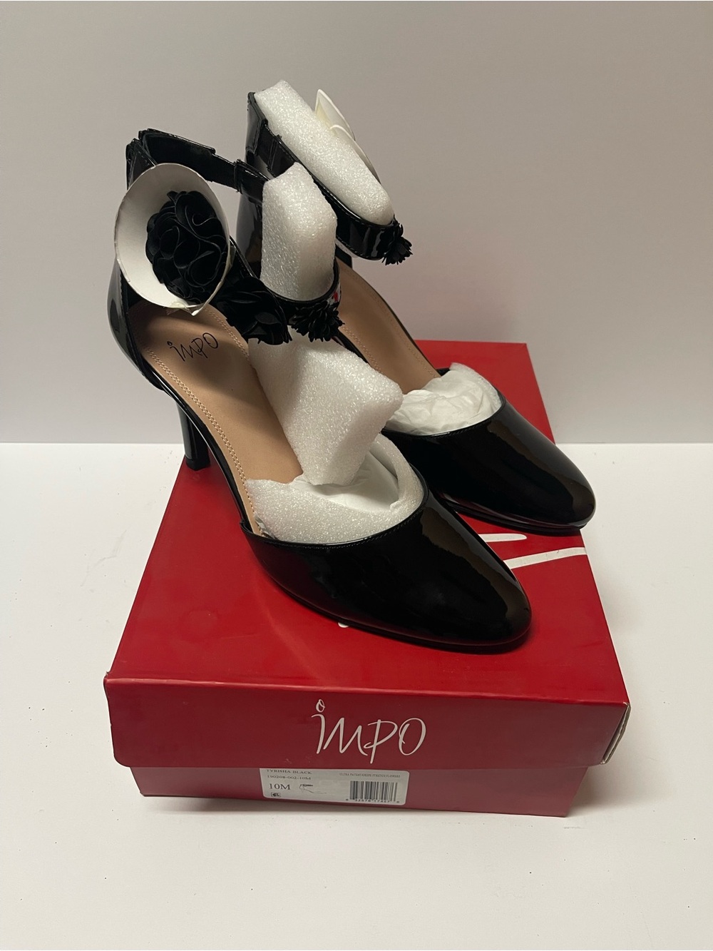 Impo Black Patent Mary Jane Heels with Ankle Flower Strap